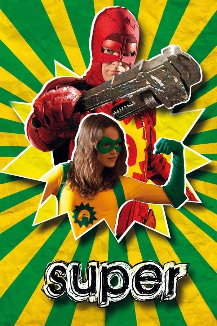 Characters from dark comedy movie Super in superhero costumes with green and yellow background and bold text.