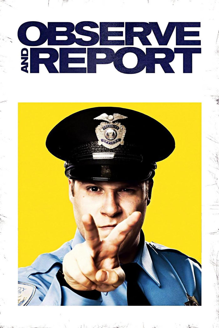 Security officer in uniform making a peace sign with fingers against a yellow background, representing dark comedy movies.