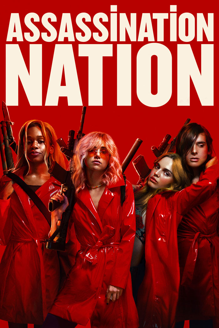Four women in red coats holding guns against a red background, representing dark comedy movies with a twisted edge.