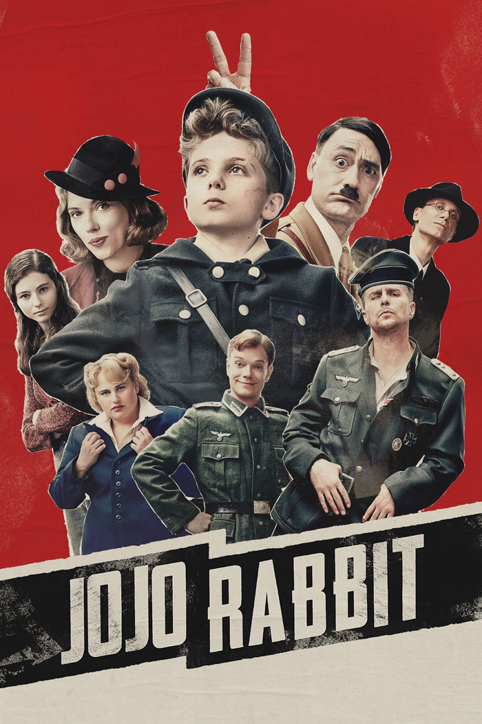 Movie poster of Jojo Rabbit featuring key characters, representing top dark comedy movies with a twisted humor element.
