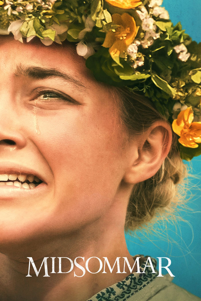Close-up of a distressed woman wearing a floral crown, referencing dark comedy movies with a twisted laugh theme.
