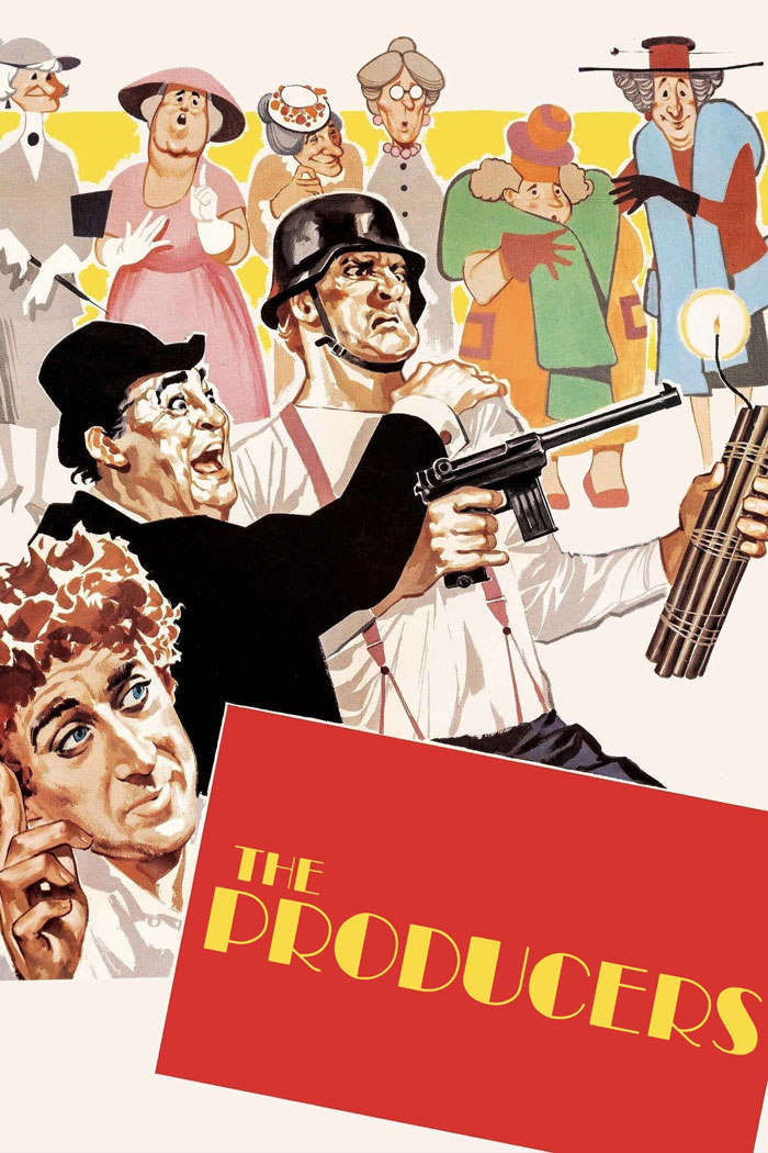 Illustration from a dark comedy movie poster featuring eccentric characters in vintage attire with a comedic yet intense atmosphere.