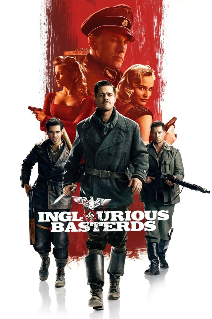 Poster of Inglourious Basterds with main characters, representing one of the best dark comedy movies with a twisted laugh.