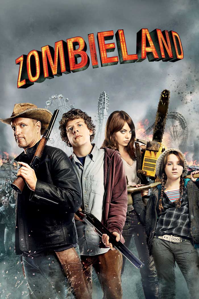 Characters from Zombieland armed and ready in a post-apocalyptic setting, highlighting dark comedy movies with twisted humor.
