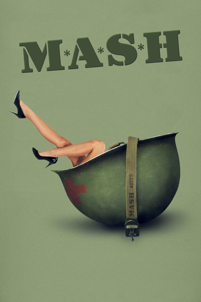 Legs in black heels sticking out of a military helmet with MASH logo, symbolizing dark comedy movies and twisted humor.