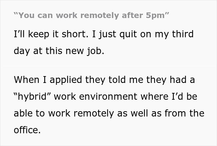 Person Quits After 3 Days Of Work After They Realized The Hybrid Work Model Was A Lie