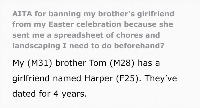 &ldquo;She Sent Me A Spreadsheet Of Chores&rdquo;: Guy Bans Brother's Annoying Girlfriend From Family Celebration