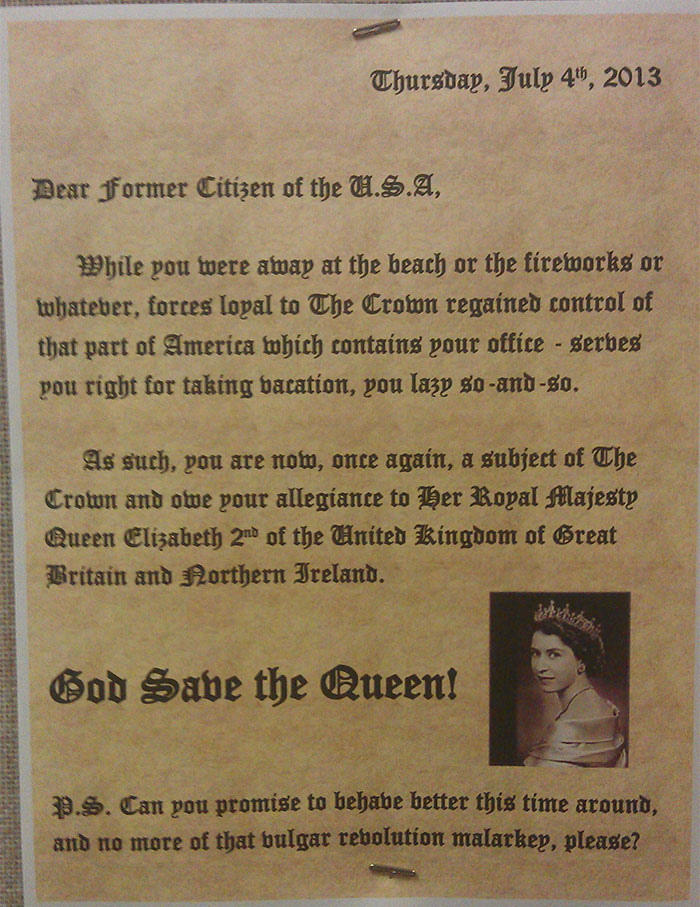 My British Boss Left This On My Desk During The 4th Oh July Holiday