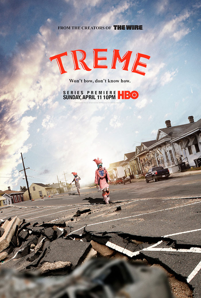 Poster for HBO's Treme, showcasing a c*****d street with two figures in vibrant costumes.