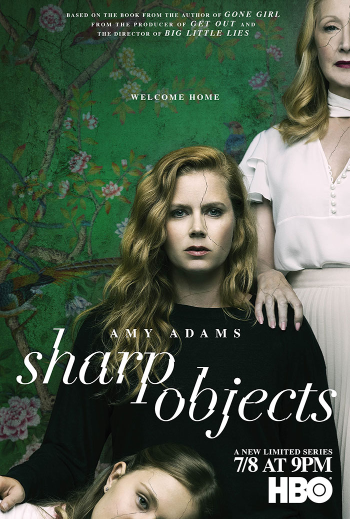 Sharp Objects HBO series poster, featuring intense expressions among floral wallpaper backdrop.