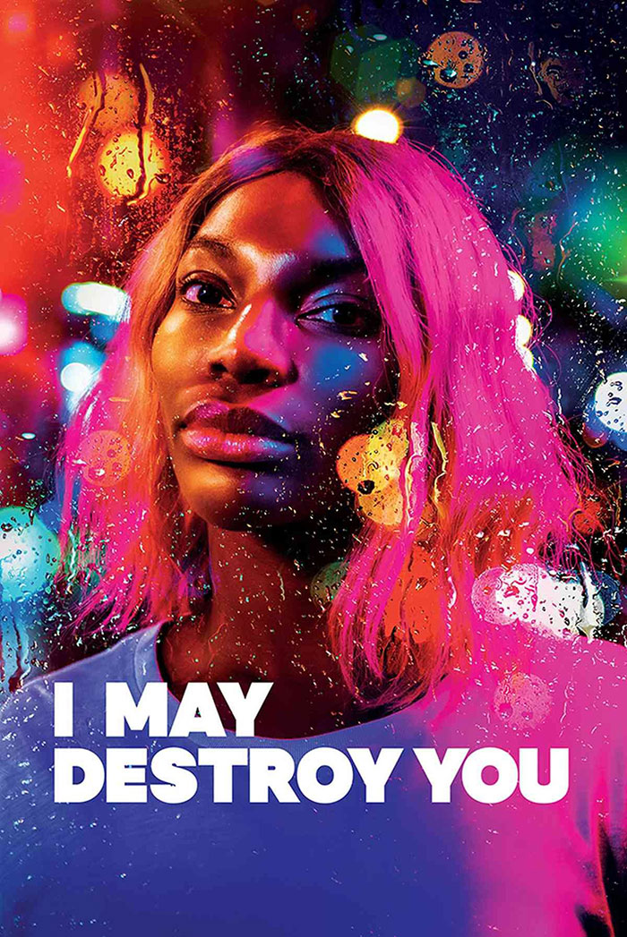 Poster of HBO TV show "I May Destroy You" featuring a person with vibrant pink hair under neon lights.