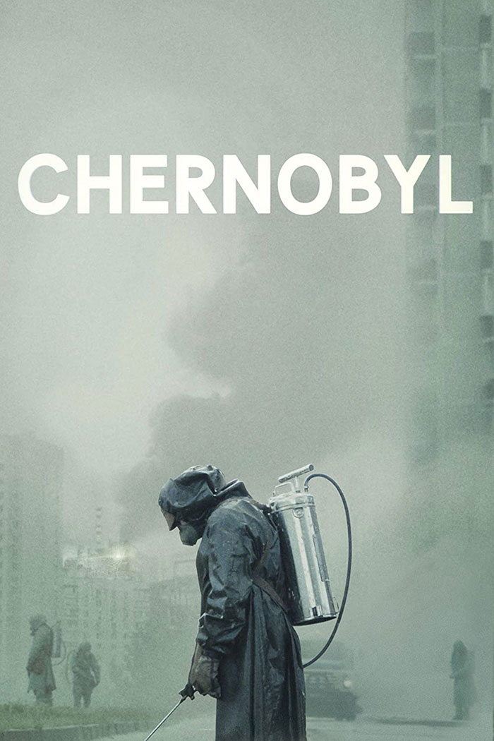 HBO's Chernobyl series poster showing a man in protective gear amid smoke and buildings.