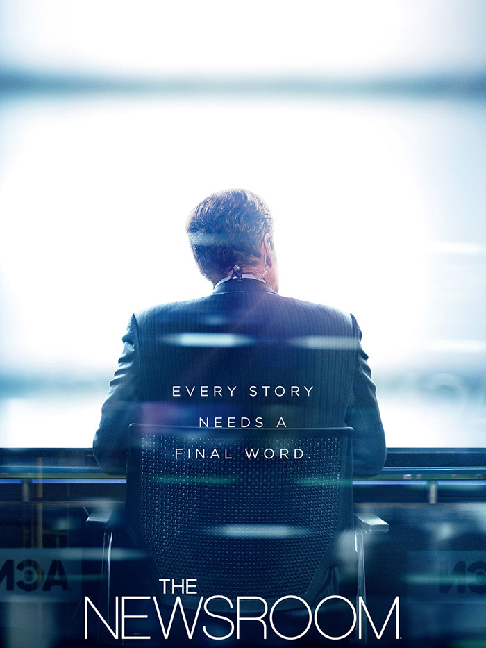 Back view of a man sitting at a news desk with text overlay promoting "The Newsroom," an HBO TV show.