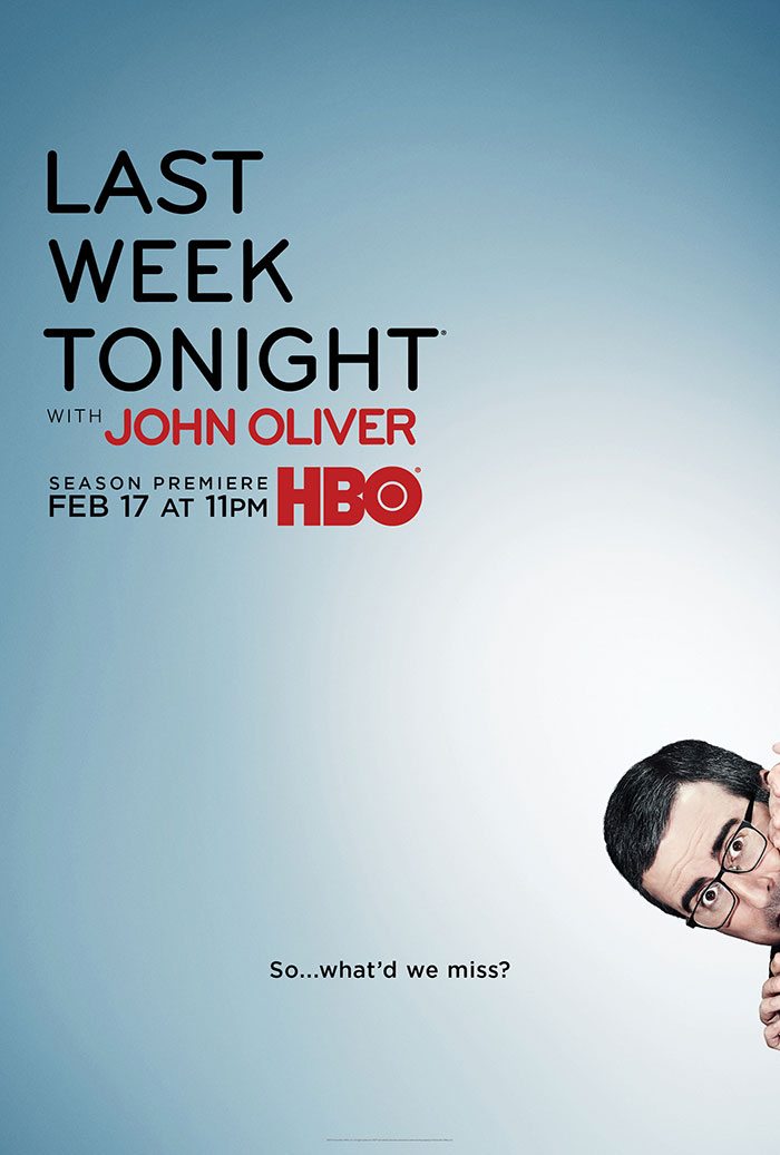 HBO TV show poster featuring a man with glasses, peeking into the frame, promoting "Last Week Tonight."