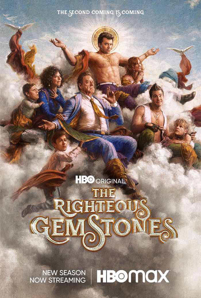 "The Righteous Gemstones promotional poster showcasing main characters on clouds for HBO TV shows series."