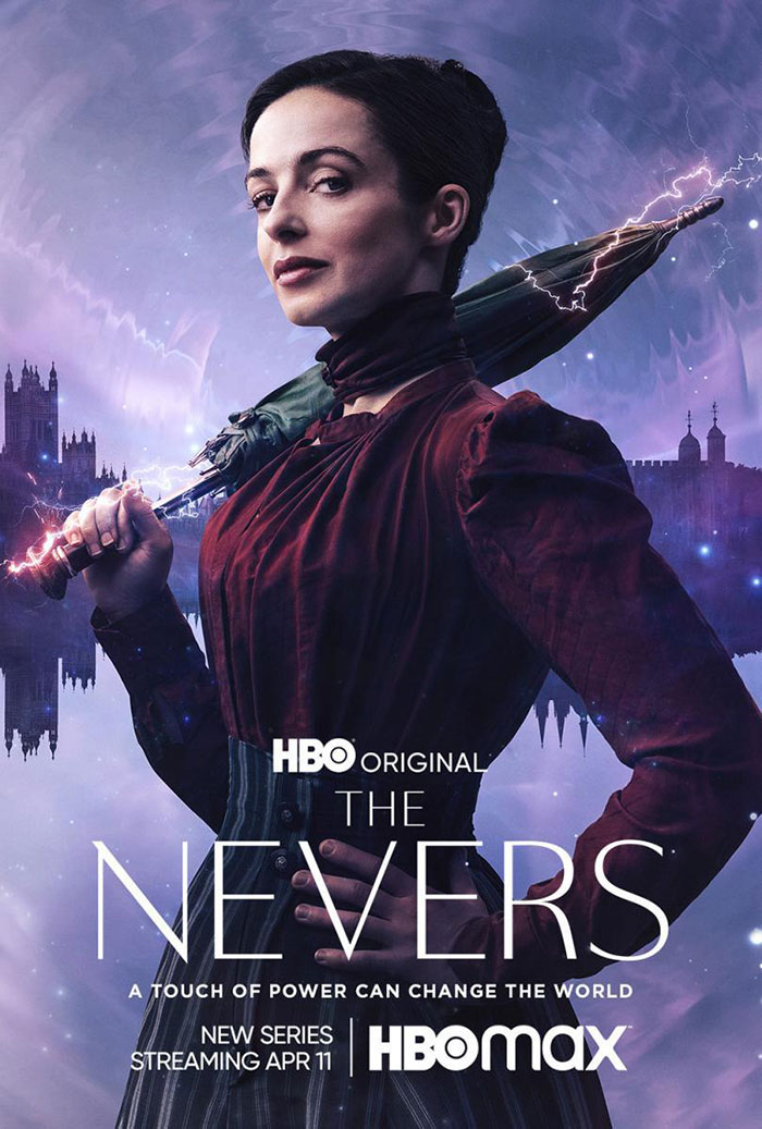 Woman in Victorian attire holding an umbrella with lightning, promoting the HBO TV show "The Nevers."