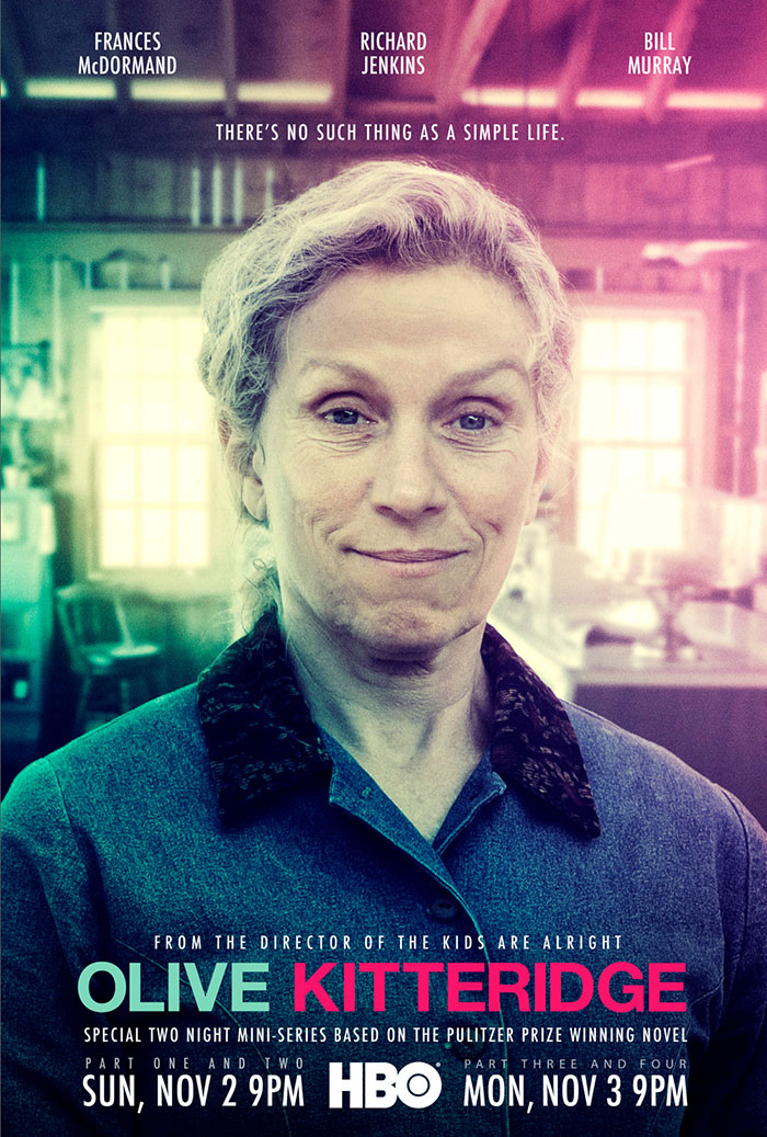Poster of HBO's "Olive Kitteridge" series with Frances McDormand smiling in a cozy room setting.