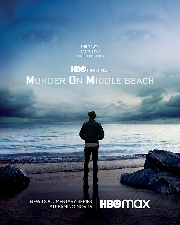 Person standing on a beach facing the ocean, promoting HBO show "M****r on Middle Beach."