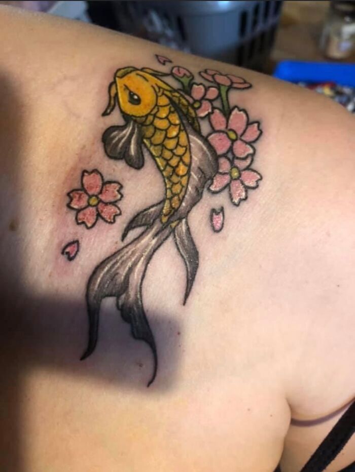 Colorful koi fish tattoo on shoulder with pink cherry blossoms.