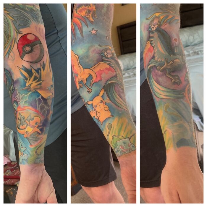 Colorful arm tattoos featuring Pokémon characters, showcasing vibrant and detailed artwork.