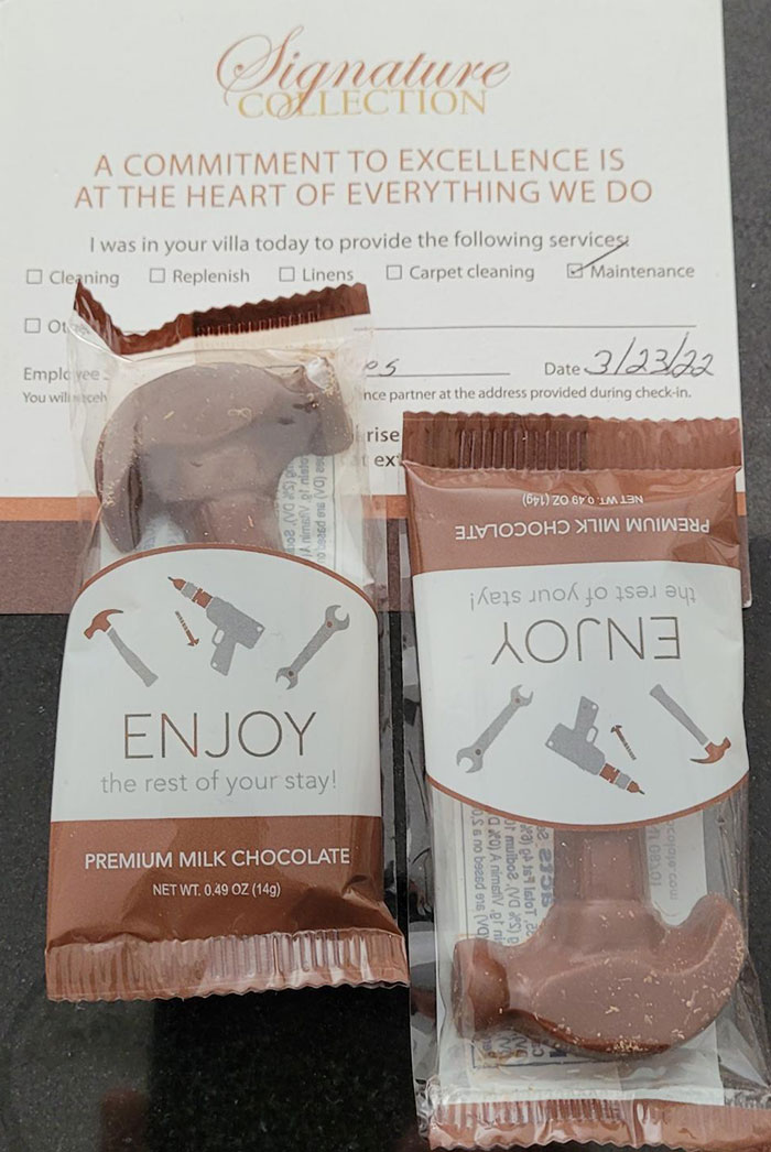 Gift From Hotel Maintenance. A Couple Of Chocolate Treats In The Shape Of Tools. How Appropriate