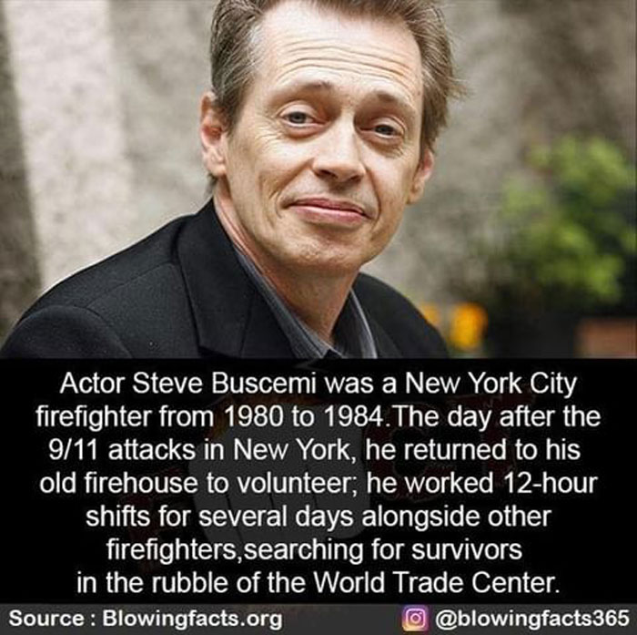 Photo of Steve Buscemi with text sharing an incredible fact about his firefighting and volunteer work after 9/11 attacks.
