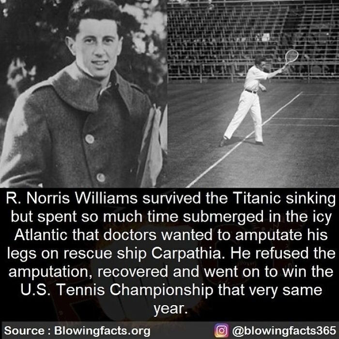 Black and white photos of R. Norris Williams and his tennis match, highlighting incredible facts from an Instagram account.