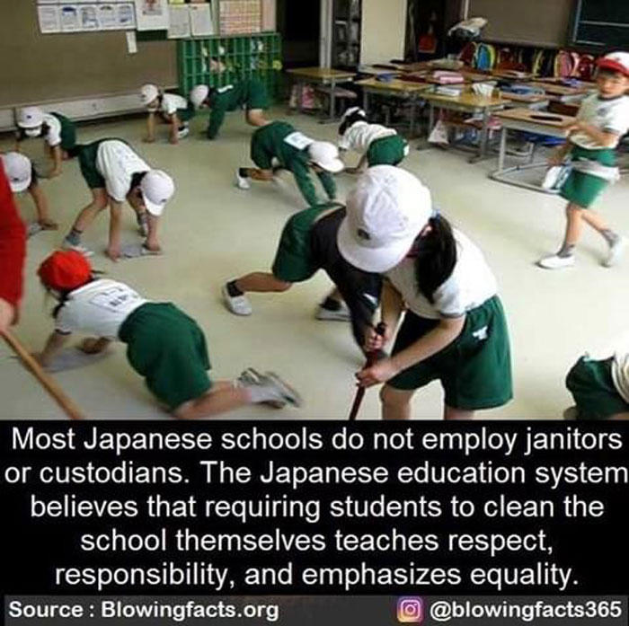 Children in Japanese school uniforms cleaning a classroom floor, illustrating respect and responsibility facts shared on Instagram.