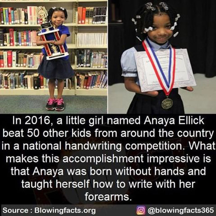 Young girl winning national handwriting contest, inspiring incredible facts shared by Instagram account.