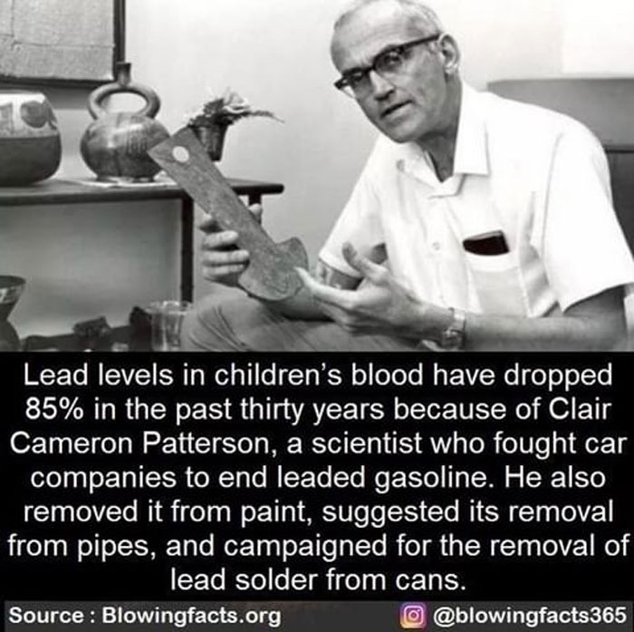 Black and white photo of a man holding an artifact with text sharing incredible facts about lead reduction efforts.