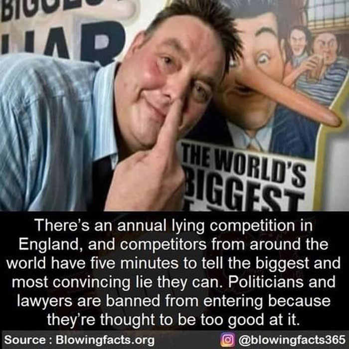Man posing next to a sign about the world's biggest liar with an Instagram account sharing incredible facts.