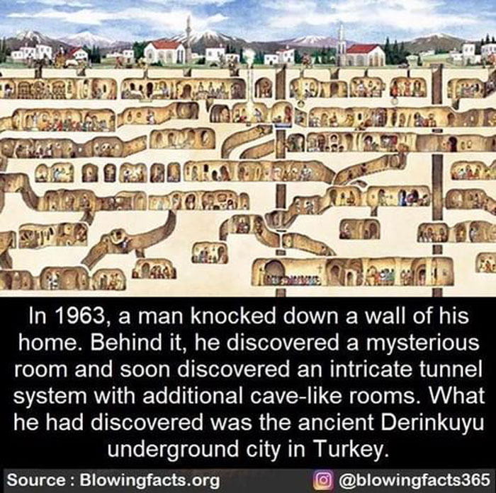 Illustration of the ancient Derinkuyu underground city in Turkey with intricate tunnels and cave-like rooms, incredible facts shared.