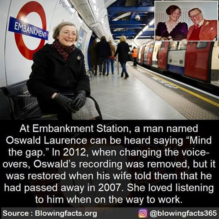Woman sitting at Embankment Station near a train with a fact about the original Mind the Gap voice recording.