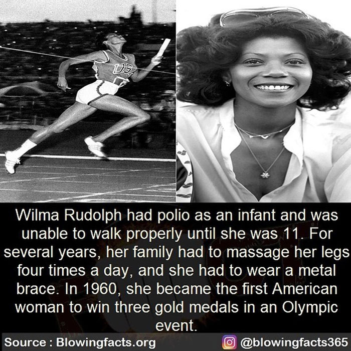 Black and white photo of Wilma Rudolph running a race and smiling, sharing incredible facts from Instagram account.