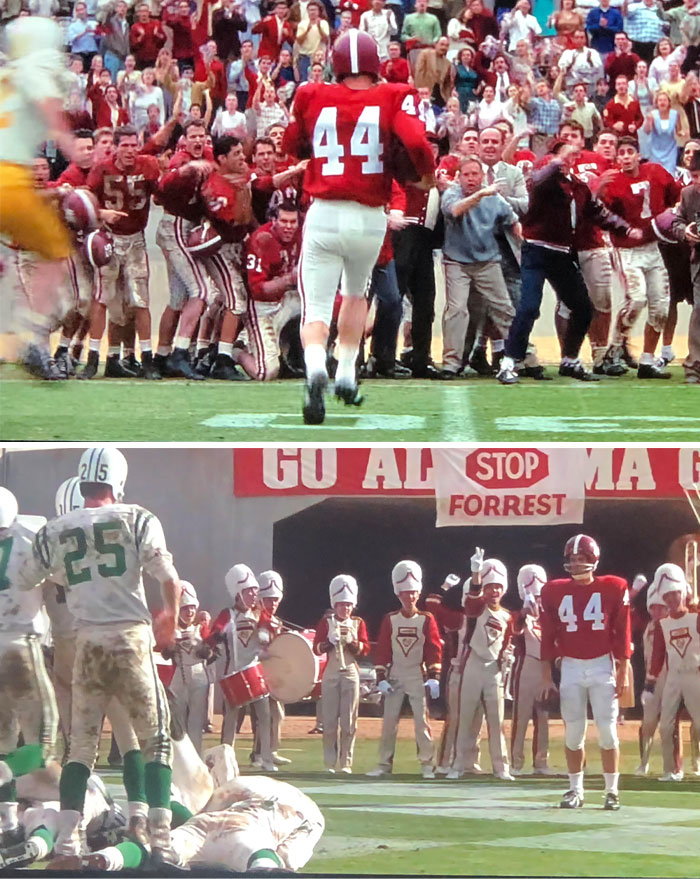 Football game scene from popular films showing players and a sign referencing hidden Easter eggs in movies.