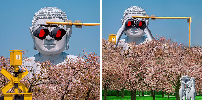 Buddha Statue At A Railroad Crossing
