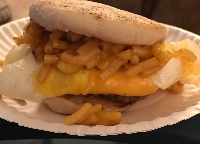 Egg From My Chickens, Microwaved Turkey Sausage, American Cheese, Boxed Mac N Cheese On An English Muffin. Pregnancy Is Weird