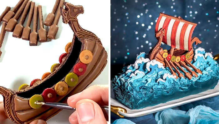 The Making Of My Recent Vikings-Themed Swiss Roll Cake. Vanilla Cake Filled With Apple Compote And Walnuts, Decorated With Cream Cheese Frosting And Cinnamon-Almond Cookies