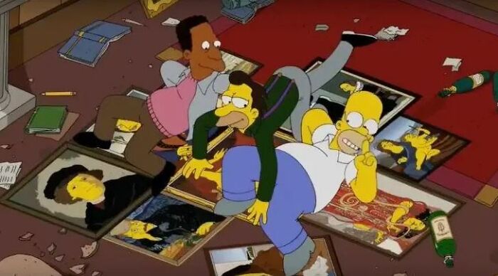 Scene from The Simpsons with characters falling through framed paintings, highlighting fans’ attention to small show details and theories about Homer.