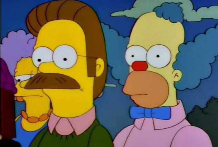 Ned Flanders and Krusty the Clown from The Simpsons, highlighting fan theories about Homer Simpson.