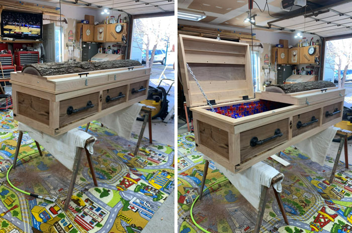 My Cousin Asked If I Would Help Him Build A Casket For His Dad,my Uncle. He Was A Woodworker His Whole Life. Rush Job So It Never Did Get A Finish On It. Cherry On Walnut With Walnut Live Edge Top