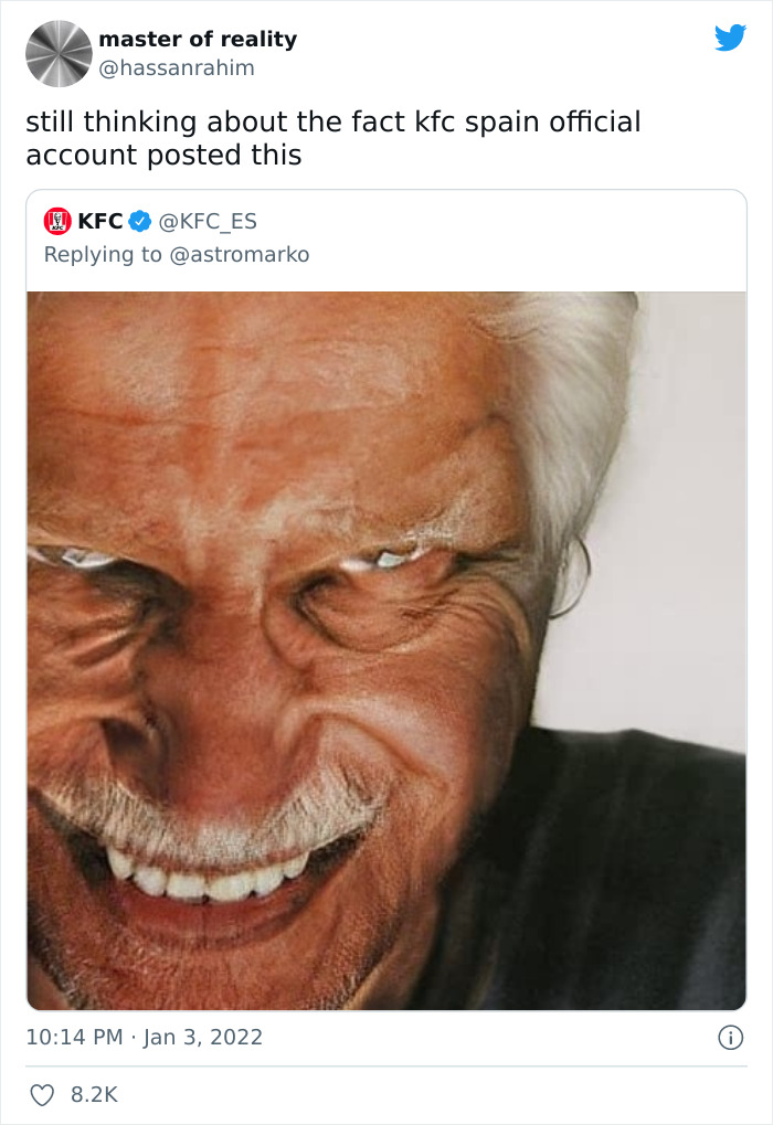 Distorted close-up of a man's face shared on an official company social media account, highlighting weird social media content.