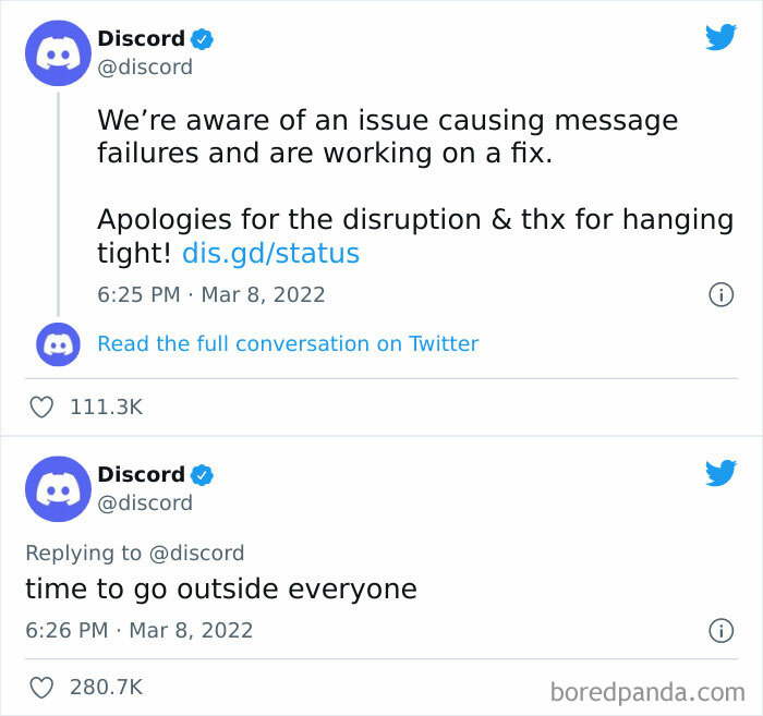 Discord official social media posts addressing message issues and encouraging users to go outside in a quirky way.