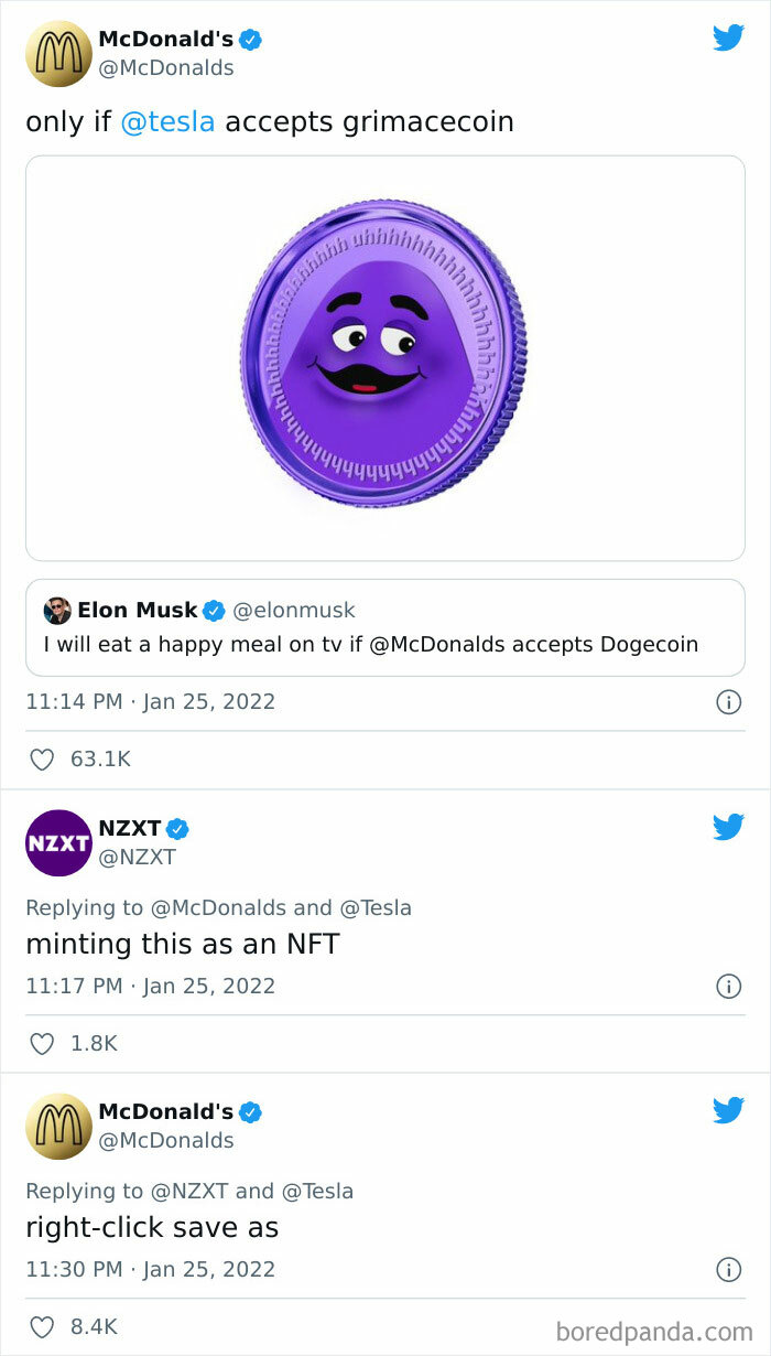 Tweets from McDonald's, Elon Musk, and NZXT discussing cryptocurrency and NFTs in a weird social media company thread.