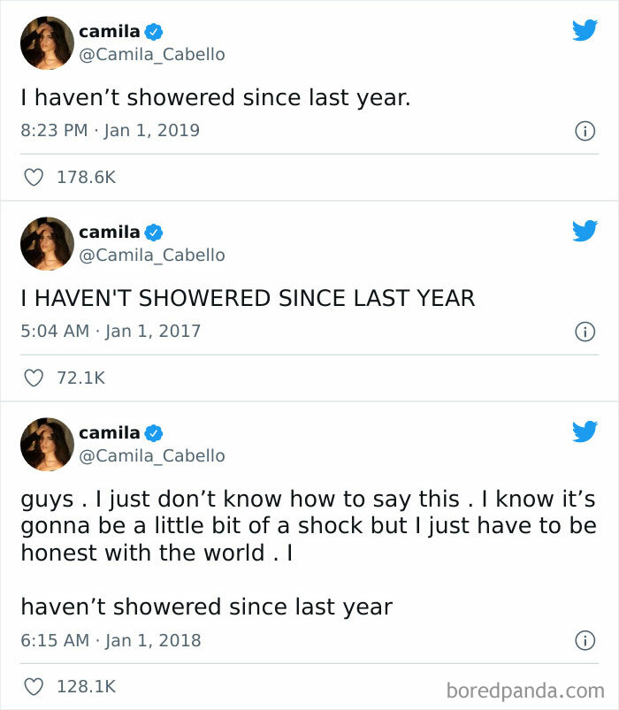 Tweets from a verified celebrity social media account humorously repeating a strange statement about not showering since last year.