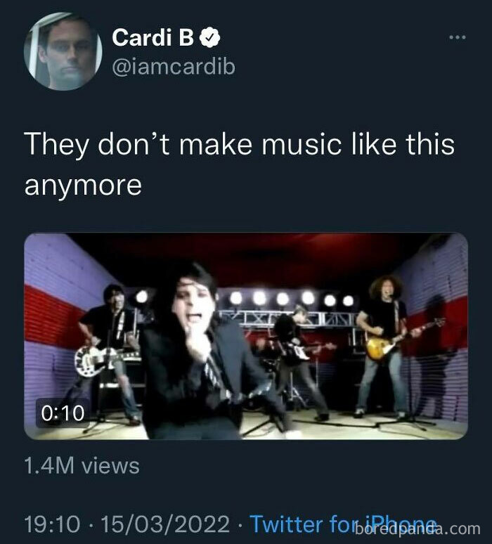 Cardi B tweet showing a band performing with caption about music, highlighting weird things spotted on official social media accounts.