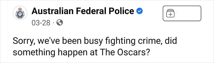 Screenshot of Australian Federal Police social media post humorously responding about being busy fighting crime during the Oscars weird social media moments.