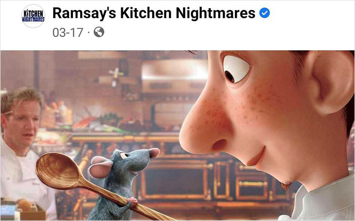 Animated scene from Ramsay’s Kitchen Nightmares with a chef and a rat holding a wooden spoon, highlighting weird social media moments.