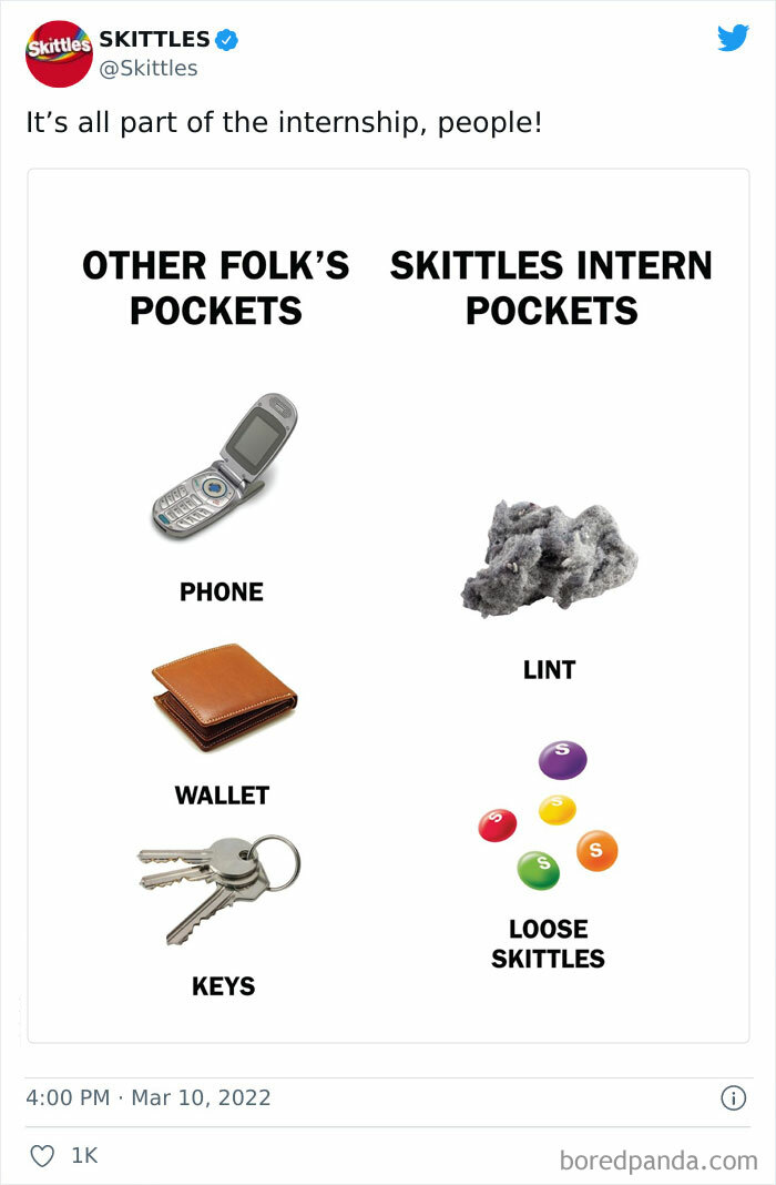 Skittles intern pockets humor showing lint and loose Skittles among weird things spotted on official social media accounts.