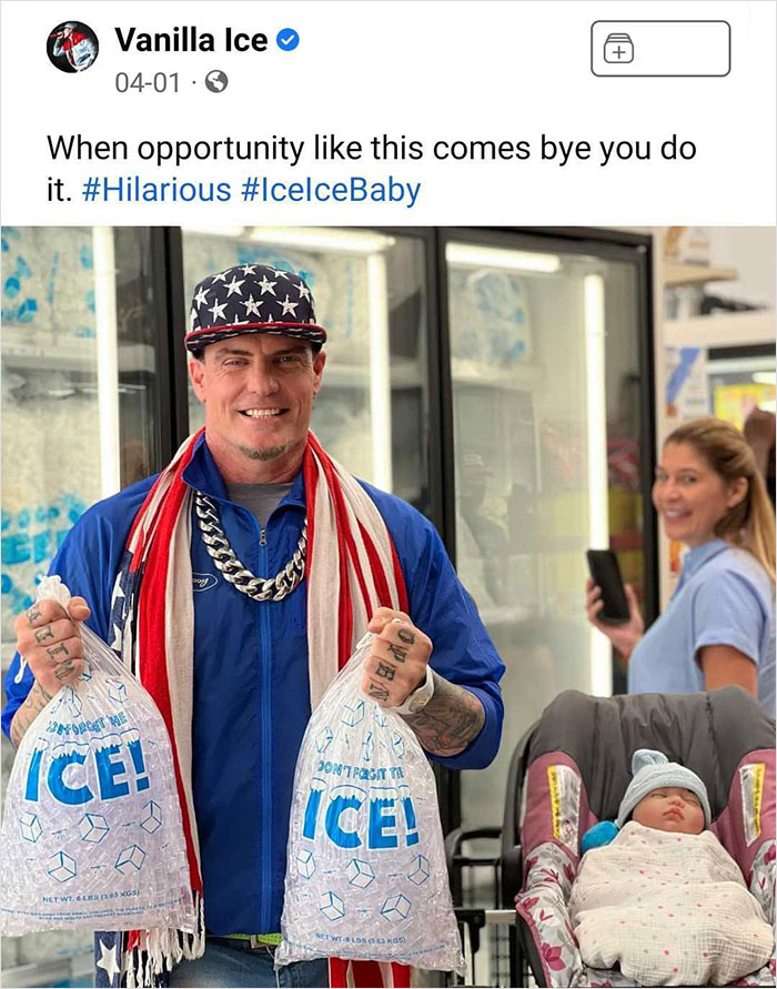 Vanilla Ice holding ice bags wearing patriotic outfit in a quirky social media post from official celebrity account.